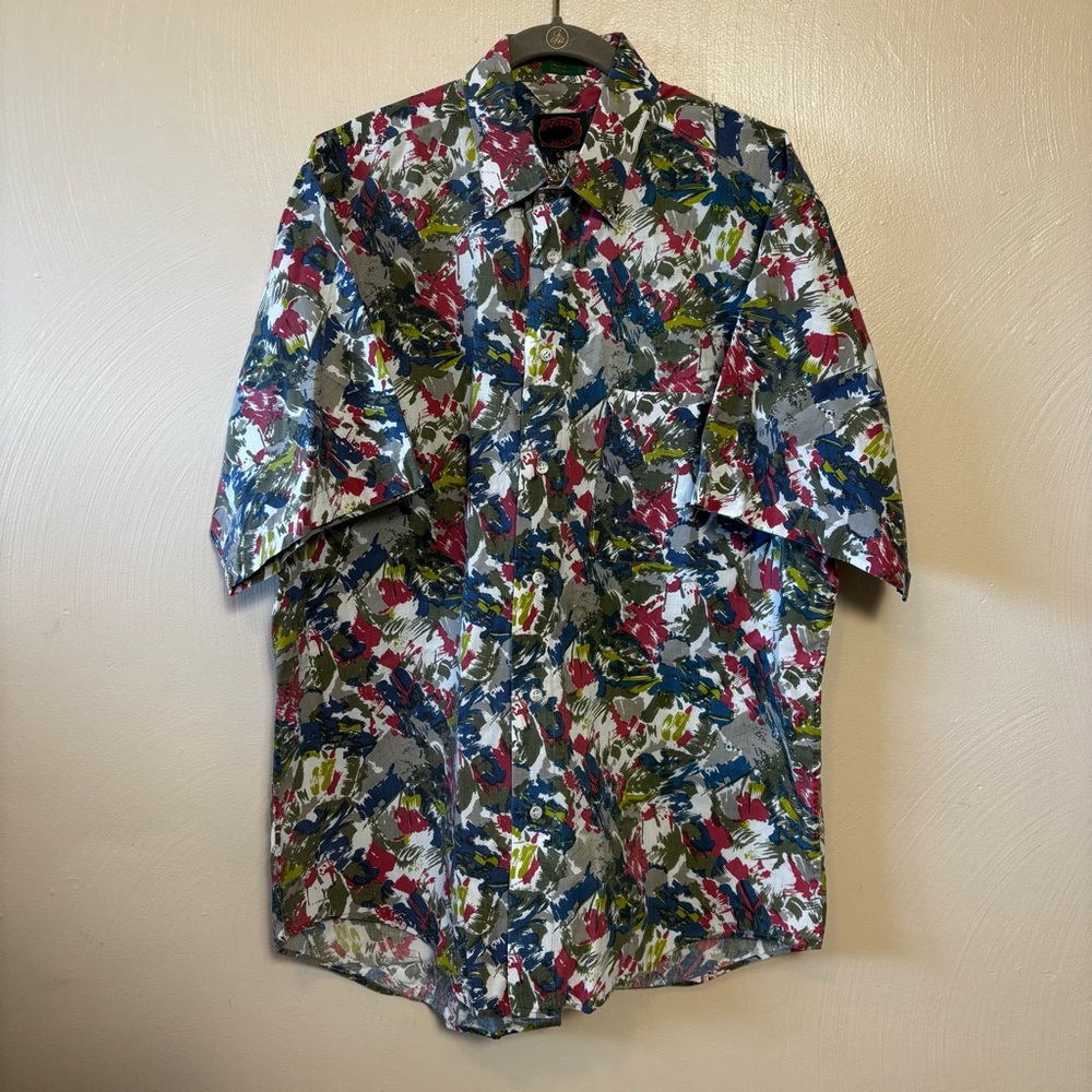 Boston Traders Mens Shirt Short Sleeve 100% Cotton Splatter Blue Gray Pink Large